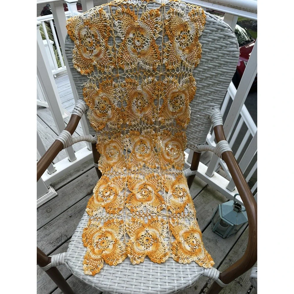 Handmade Crochet Dresser Scarf Table Runner Cotton Yellow Cream Floral 21x43